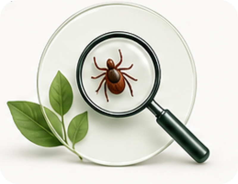 Tick viewed through a magnifying glass beside green leaves