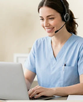 A smiling healthcare worker in light blue scrubs wearing a headset and using a laptop at a desk.