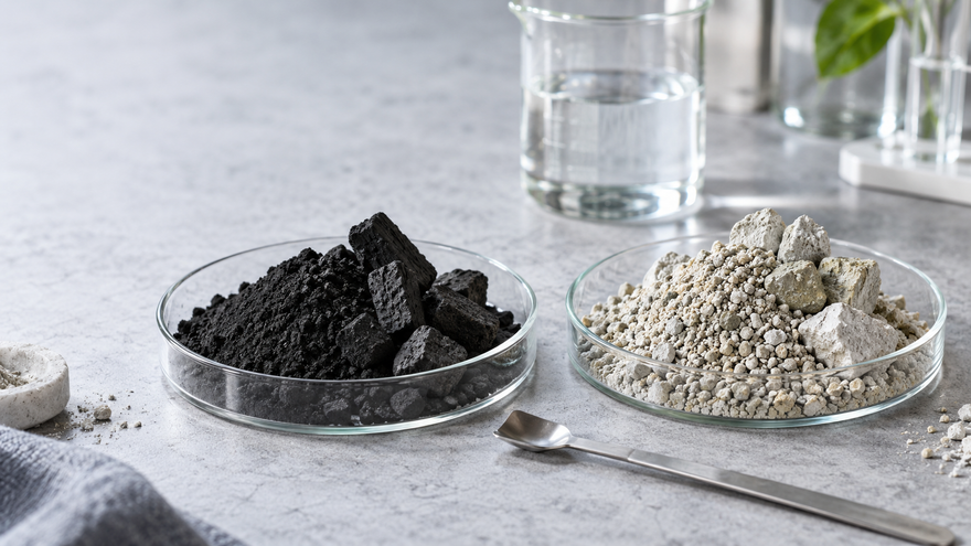 Activated charcoal and zeolite mineral powder side by side, representing two different toxin-binding compounds