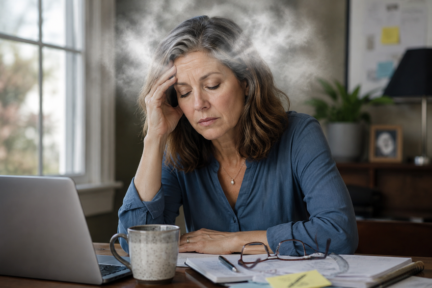 Woman with a hazy, unfocused expression representing brain fog, illustrating difficulty with concentration and mental clarity.