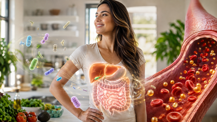 Woman surrounded by illustrated gut bacteria, liver, digestive tract, and bloodstream, representing how the gut microbiome supports cholesterol balance
