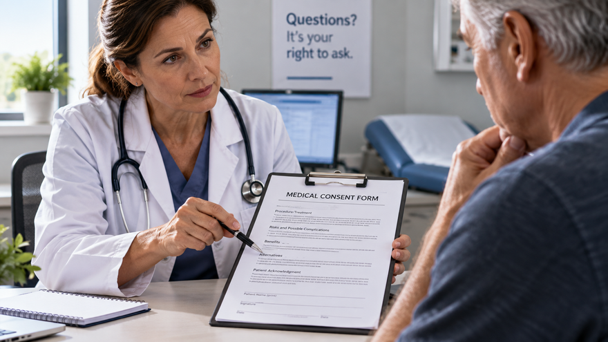 Patient reviewing a medical consent form with a provider, representing the questions worth asking before signing.