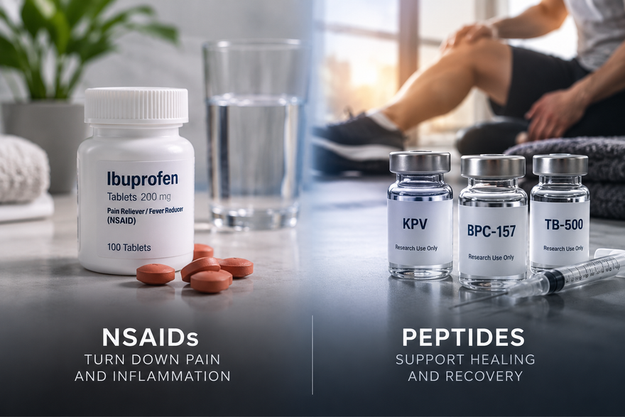 Split visual comparing NSAID medication with peptide molecules, representing two different approaches to inflammation and tissue recovery.