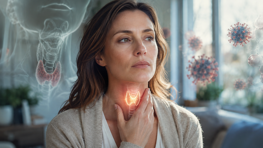 Woman touching her throat with an illustrated thyroid gland highlighted, surrounded by virus particles, representing a possible link between spike protein and thyroid symptoms
