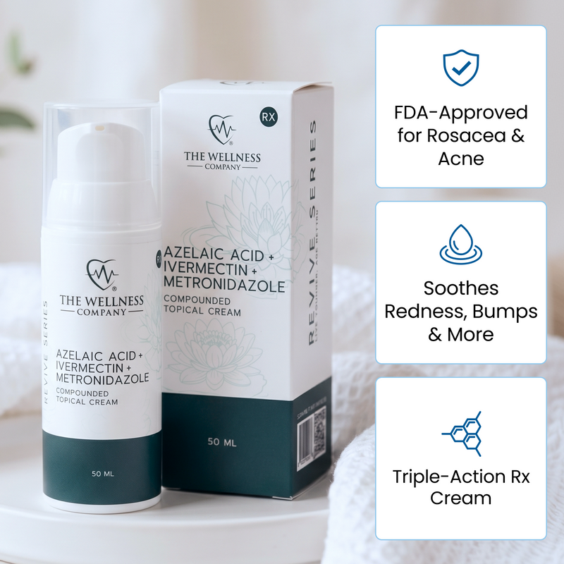 The Wellness Company Ivermectin_Cream and packaging on a white surface with product features highlighted.