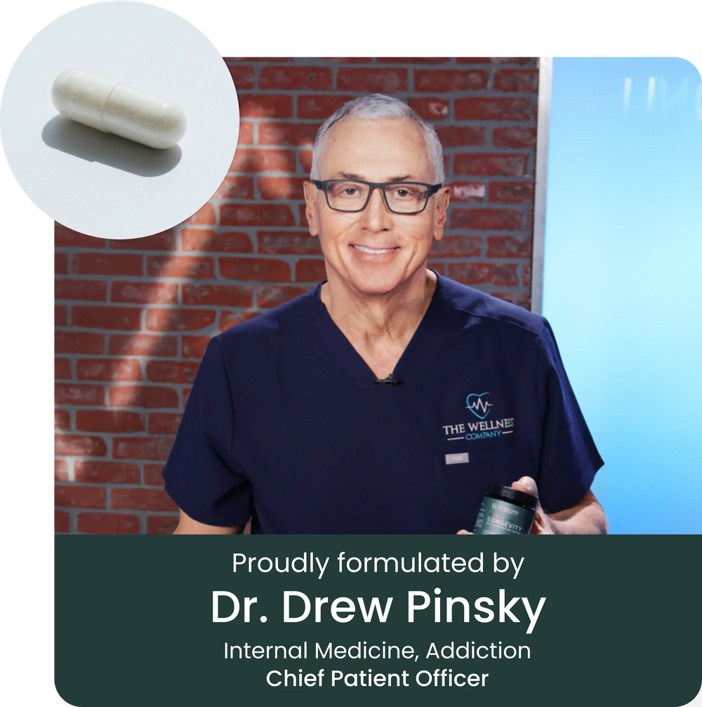 A promotional graphic featuring Dr. Drew Pinsky in navy medical scrubs holding a supplement bottle, with a circular inset showing an off-white capsule.