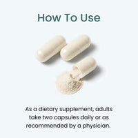 Instructional graphic of Longevity supplement with the heading 'How To Use' above three off-white capsules, one of which is tipped over to show a small pile of powder. Text below reads: 'As a dietary supplement, adults take two capsules daily or as recommended by a physician.