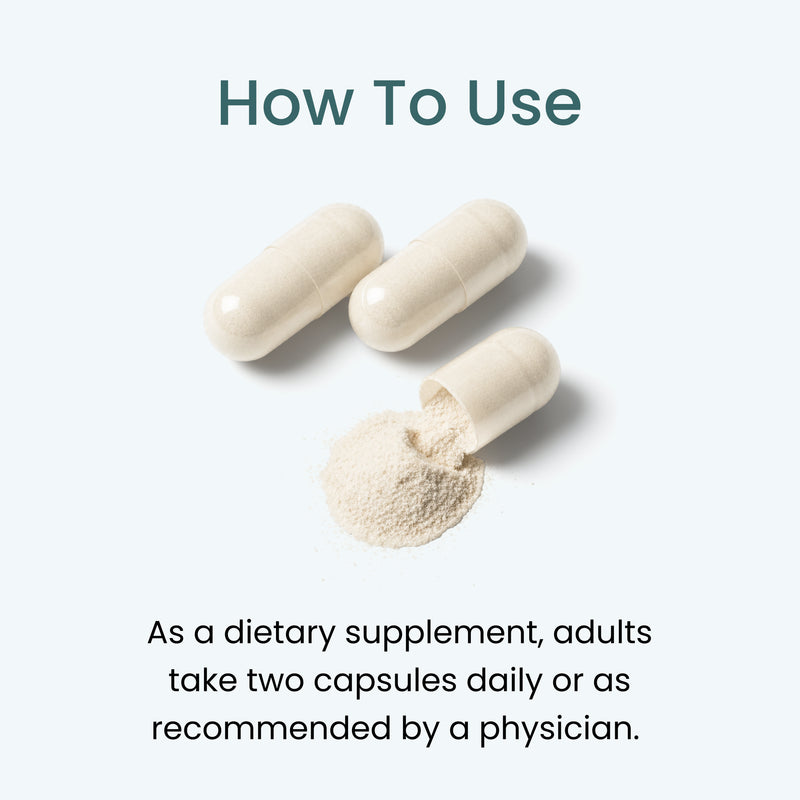 Instructional graphic of Longevity supplement with the heading 'How To Use' above three off-white capsules, one of which is tipped over to show a small pile of powder. Text below reads: 'As a dietary supplement, adults take two capsules daily or as recommended by a physician.
