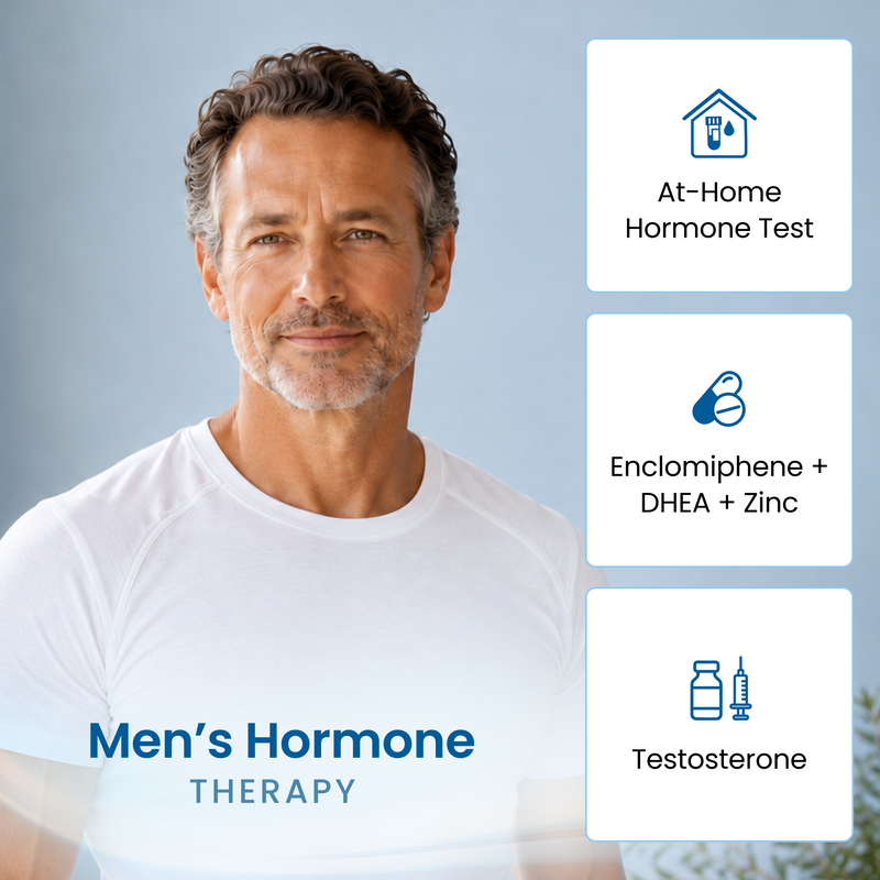 A man in a white athletic shirt stands against a soft blue-gray background with three white informational panels on the right. The panels show icons and text for 'At-Home Hormone Test,' 'Enclomiphene + DHEA + Zinc,' and 'Testosterone,' with the headline 'Men's Hormone THERAPY' at the bottom left.
