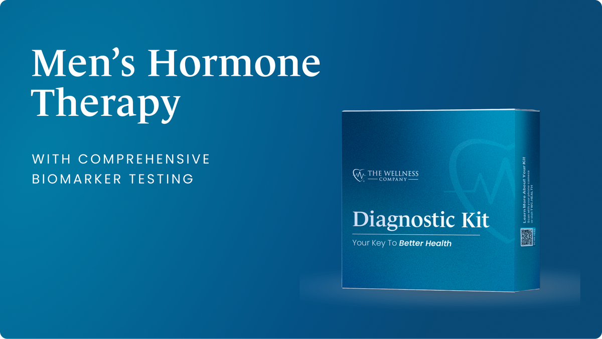 Men's Hormone Program diagnostic kit box against a blue background, with comprehensive biomarker testing