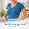 A smiling woman in a blue V-neck T-shirt is measuring her waist with a tape measure in a bright indoor setting. Large overlaid text at the bottom reads 'Weight Management PROGRAM' in teal and orange.