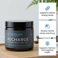 Supplement jar labeled 'RECHARGE' by The Wellness Company on a wooden surface with supporting text. Helps with cellular energy levels, boosts mental clarity and focus and supports memory and cognitive health
