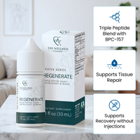 A bottle and box of The Wellness Company Revive Series "Regenerate" Simple Peptide Drops for recovery and repair, shown on a marble surface with three informational text panels on the right.