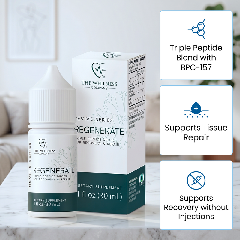 A bottle and box of The Wellness Company Revive Series "Regenerate" Simple Peptide Drops for recovery and repair, shown on a marble surface with three informational text panels on the right.