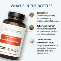 Whats in the bottle?
Bergamot - Traditionally used to support healthy cholesterol metabolism
Artichoke Extract - Potent botanical that supports liver function and bile production.
Lactobacillus Plantarum KABP - targeted probiotic that supports microbiome balance and lipid metabolism.