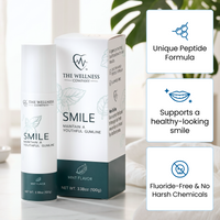 The Wellness Company Smile product packaging with features highlighted on a light background. Contains a unique peptide formula. Supports a healthy looking smile. Fluoride free and no harsh chemicals.