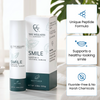 The Wellness Company Smile product packaging with features highlighted on a light background. Contains a unique peptide formula. Supports a healthy looking smile. Fluoride free and no harsh chemicals.