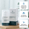 Therablue pain relieving gel from The Wellness Company. packaging with product details on a wooden surface. Contains advanced pain belief gel. No residue, absorbs fast and contains NAD and Methylene Blue