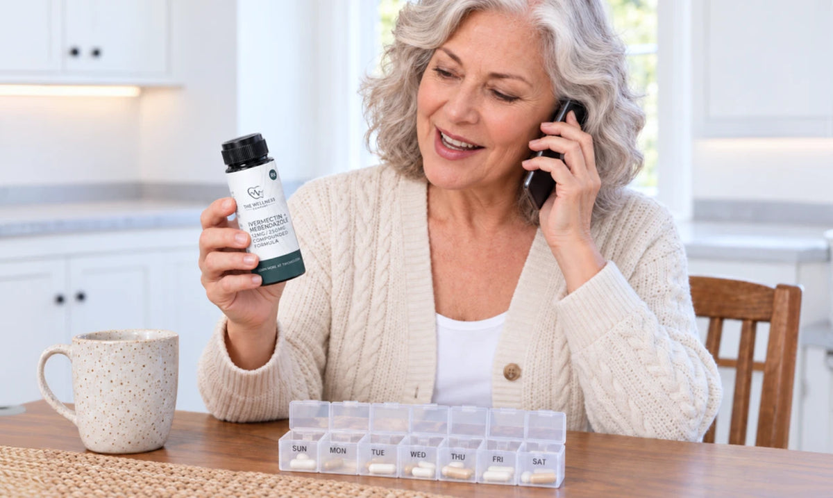 Suggested: "Woman on a phone call holding a prescription bottle"