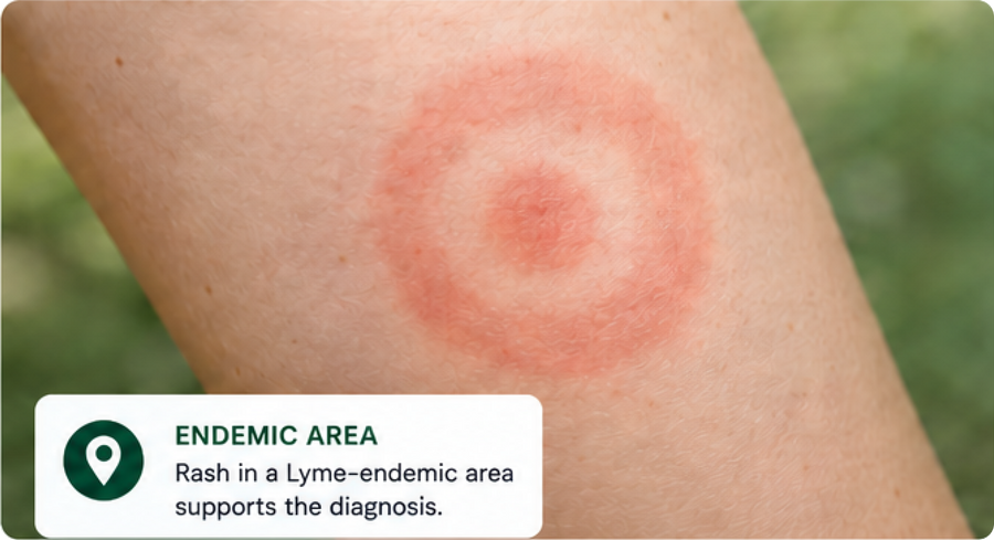 Expanding bullseye rash on a forearm