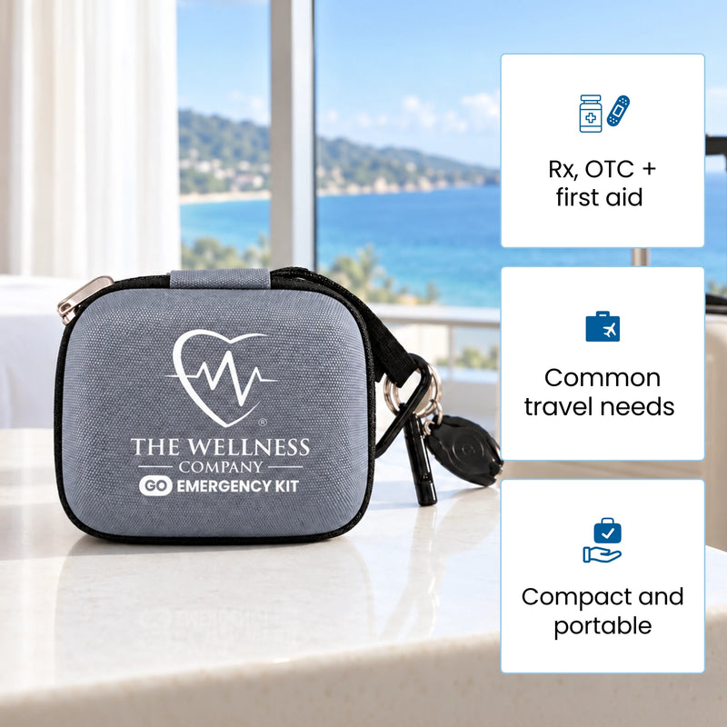 Go-Mini Med Kit in Slate Gray, a compact travel medical kit with prescription, OTC and first-aid supplies.