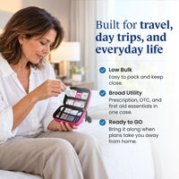 Woman opening a pink Go-Mini Med Kit, a portable medical kit built for travel and day trips.