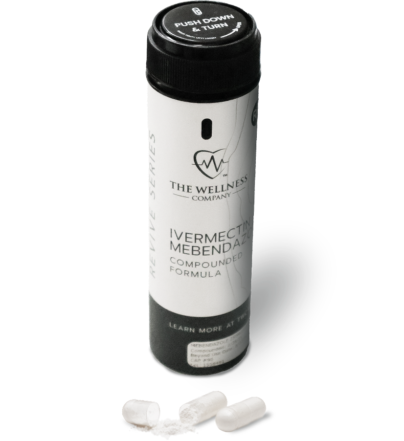 Ivermectin and Mebendazole compounded formula bottle with capsules