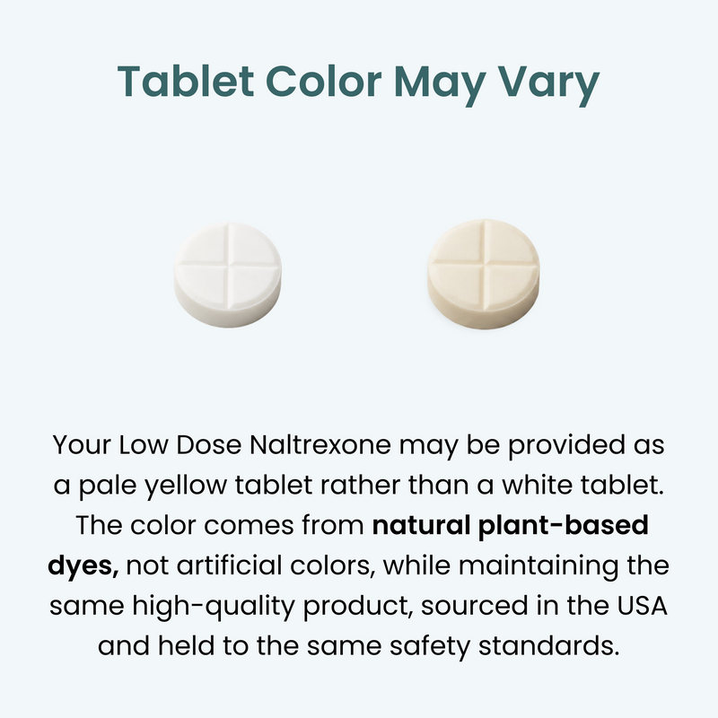 Tablet color may vary, pale yellow or white, made with natural plant-based dyes, no artificial colors