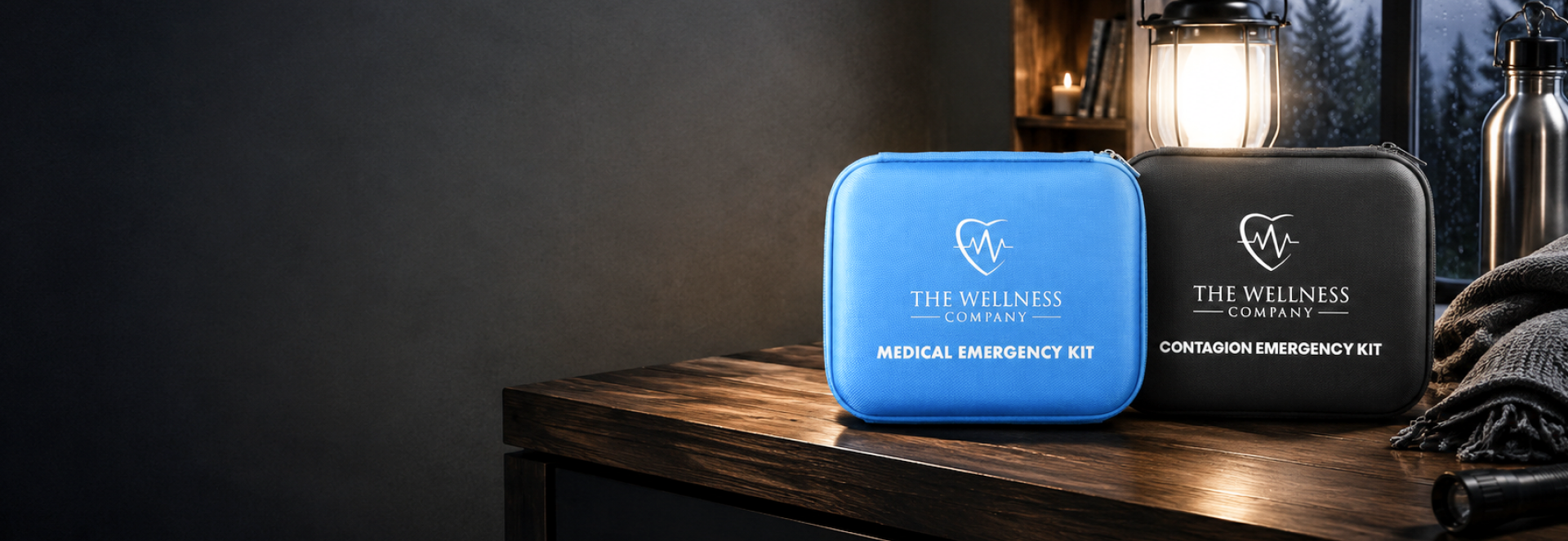 Medical Emergency Kit and Contagion Emergency Kit on a wooden table beside a lantern