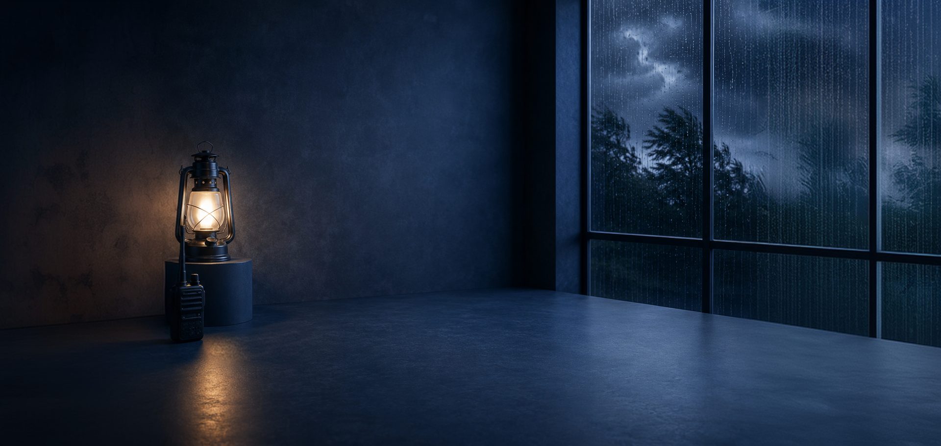 Lantern glowing in a dark room beside a rain-streaked window