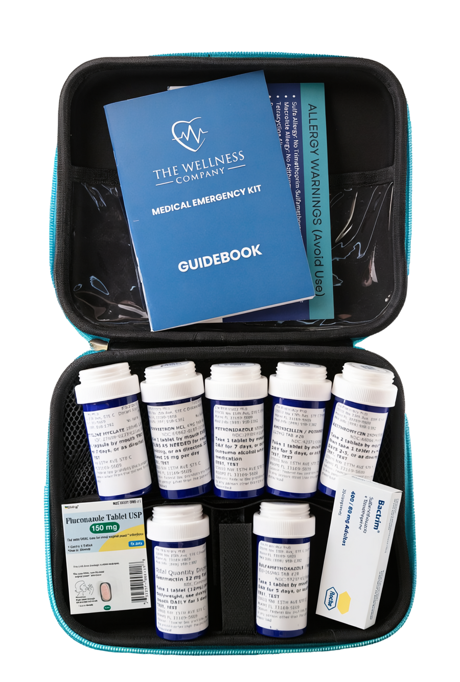 Open Medical Emergency Kit showing the guidebook and medication bottles