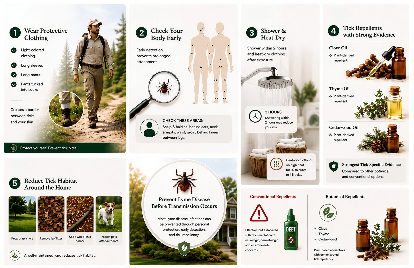 Five layers of tick-bite prevention: wear protective clothing, check your body early, shower and heat-dry within two hours, use repellents with strong tick-specific evidence such as clove, thyme and cedarwood oil, and reduce tick habitat around the home.