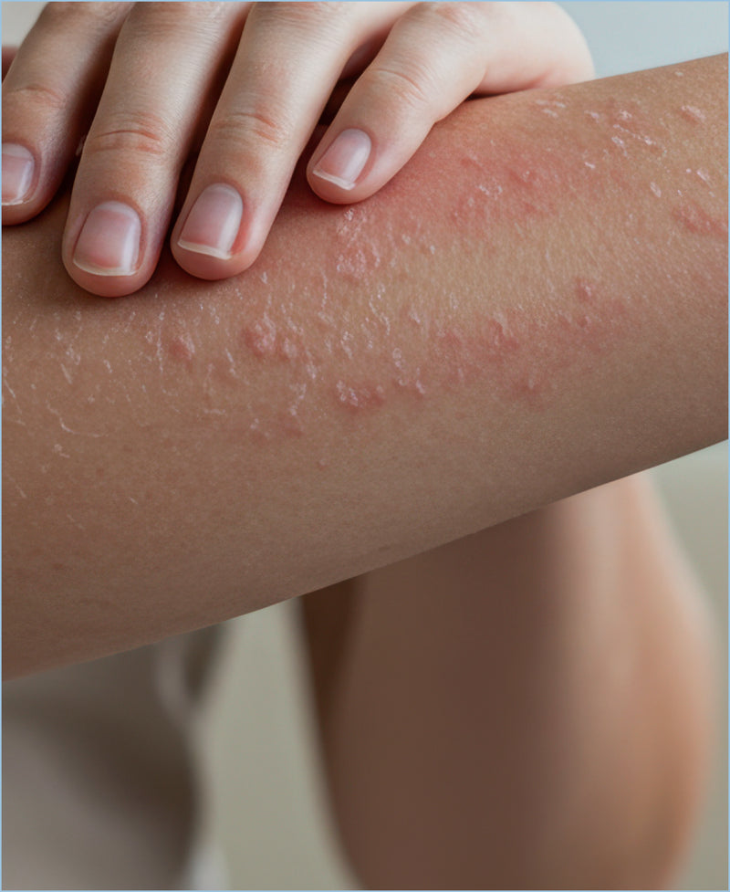 Hand touching red rash on forearm