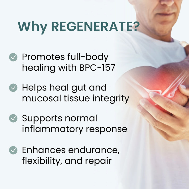 Why Regenerate: promotes full-body healing with BPC-157, helps heal gut and mucosal tissue integrity, supports normal inflammatory response, and enhances endurance, flexibility and repair.