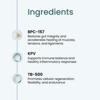 Regenerate ingredients: BPC-157 restores gut integrity and accelerates healing of muscles, tendons and ligaments; KPV supports immune balance and healthy inflammatory responses; TB-500 promotes cellular regeneration, flexibility and endurance.