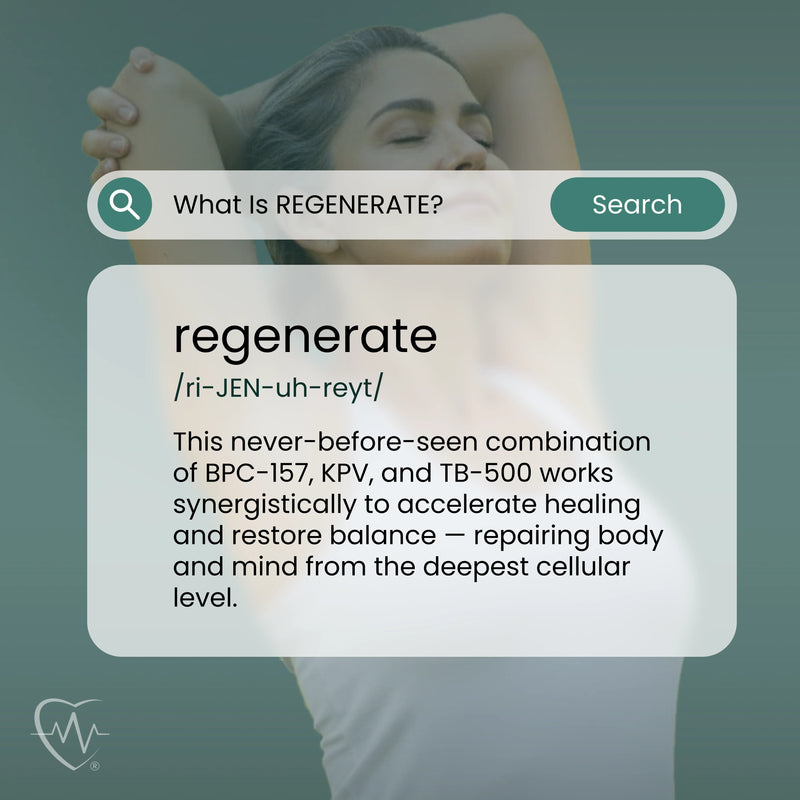 What is Regenerate? A definition card: a never-before-seen combination of BPC-157, KPV and TB-500 that works together to accelerate healing and restore balance.