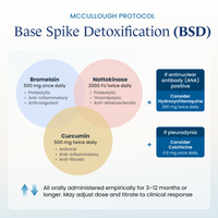 An informational infographic titled 'MCCULLOUGH PROTOCOL Base Spike Detoxification (BSD)' with three colored circular callouts for Bromelain, Nattokinase, and Curcumin, plus blue boxes suggesting additional considerations based on test results. This is not a product photo, packaging shot, or lifestyle scene; it is an explanatory medical-style diagram, so subject_type is Instruction Diagram.