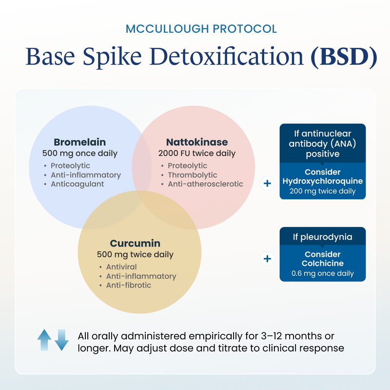 An informational infographic titled 'MCCULLOUGH PROTOCOL Base Spike Detoxification (BSD)' with three colored circular callouts for Bromelain, Nattokinase, and Curcumin, plus blue boxes suggesting additional considerations based on test results. This is not a product photo, packaging shot, or lifestyle scene; it is an explanatory medical-style diagram, so subject_type is Instruction Diagram.