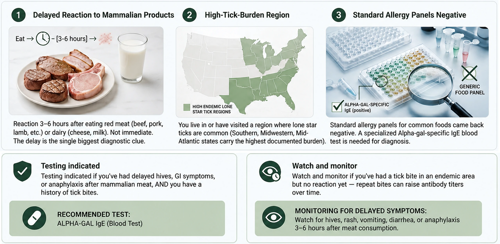 Three diagnostic criteria: a delayed reaction three to six hours after eating red meat or dairy, living in or visiting a high-tick-burden region, and standard allergy panels coming back negative.