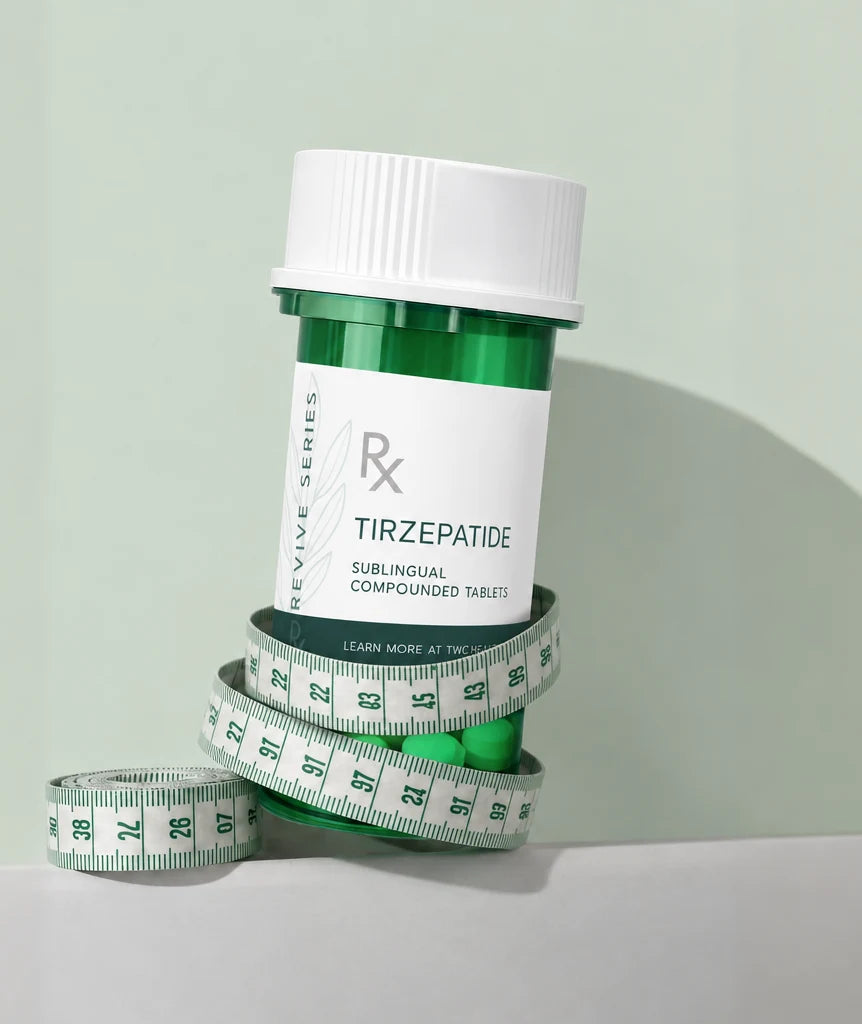 Tirzepatide sublingual tablets bottle wrapped in measuring tape