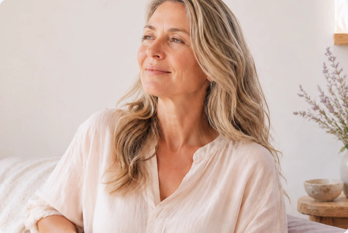 Smiling woman in her fifties with long blonde hair, relaxing at home